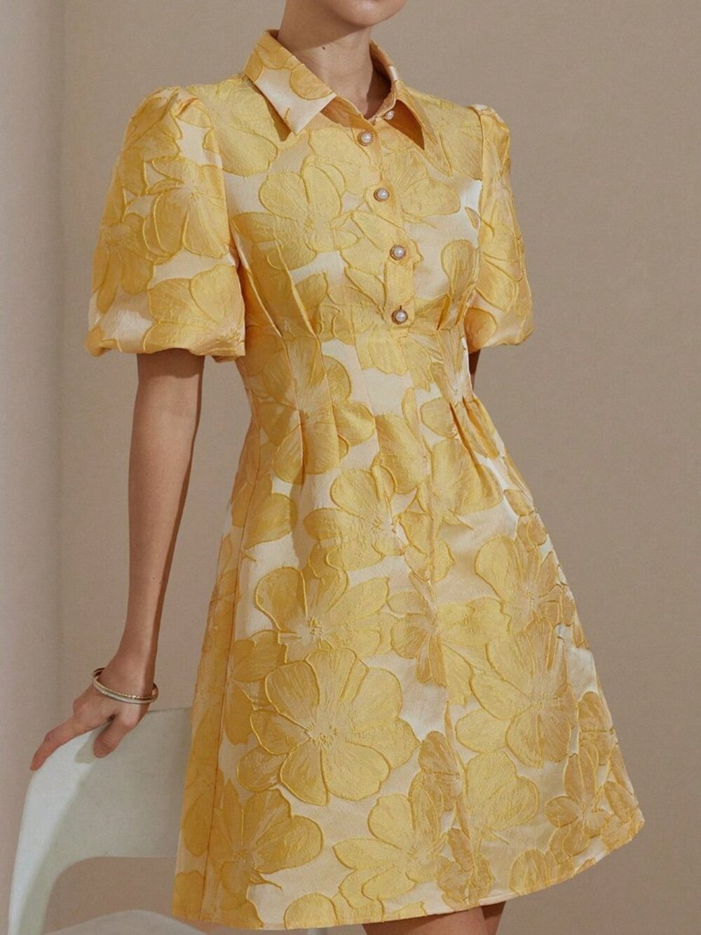 Yellow Elegant Women's Puff Sleeve Jacquard Cutout Waist Pleated Mini Dress - Picture 5 of 7